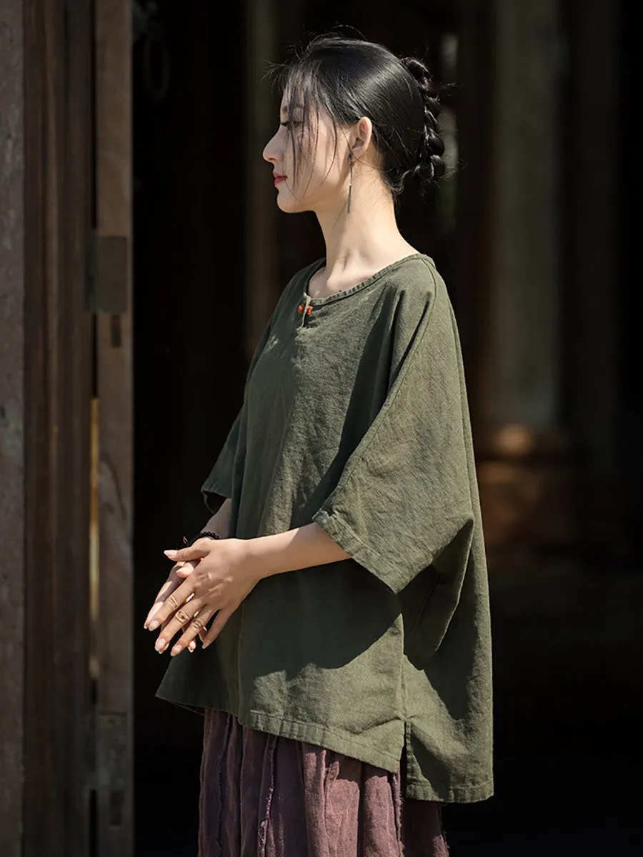 Women Summer Vintage O-Neck Solid Cotton Ramie Shirt