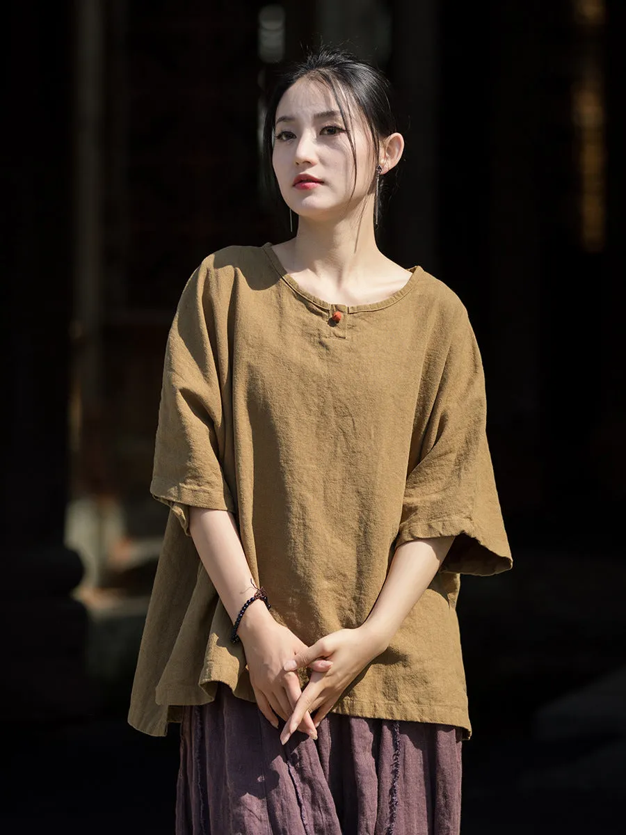 Women Summer Vintage O-Neck Solid Cotton Ramie Shirt