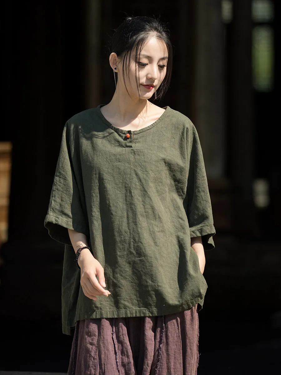 Women Summer Vintage O-Neck Solid Cotton Ramie Shirt