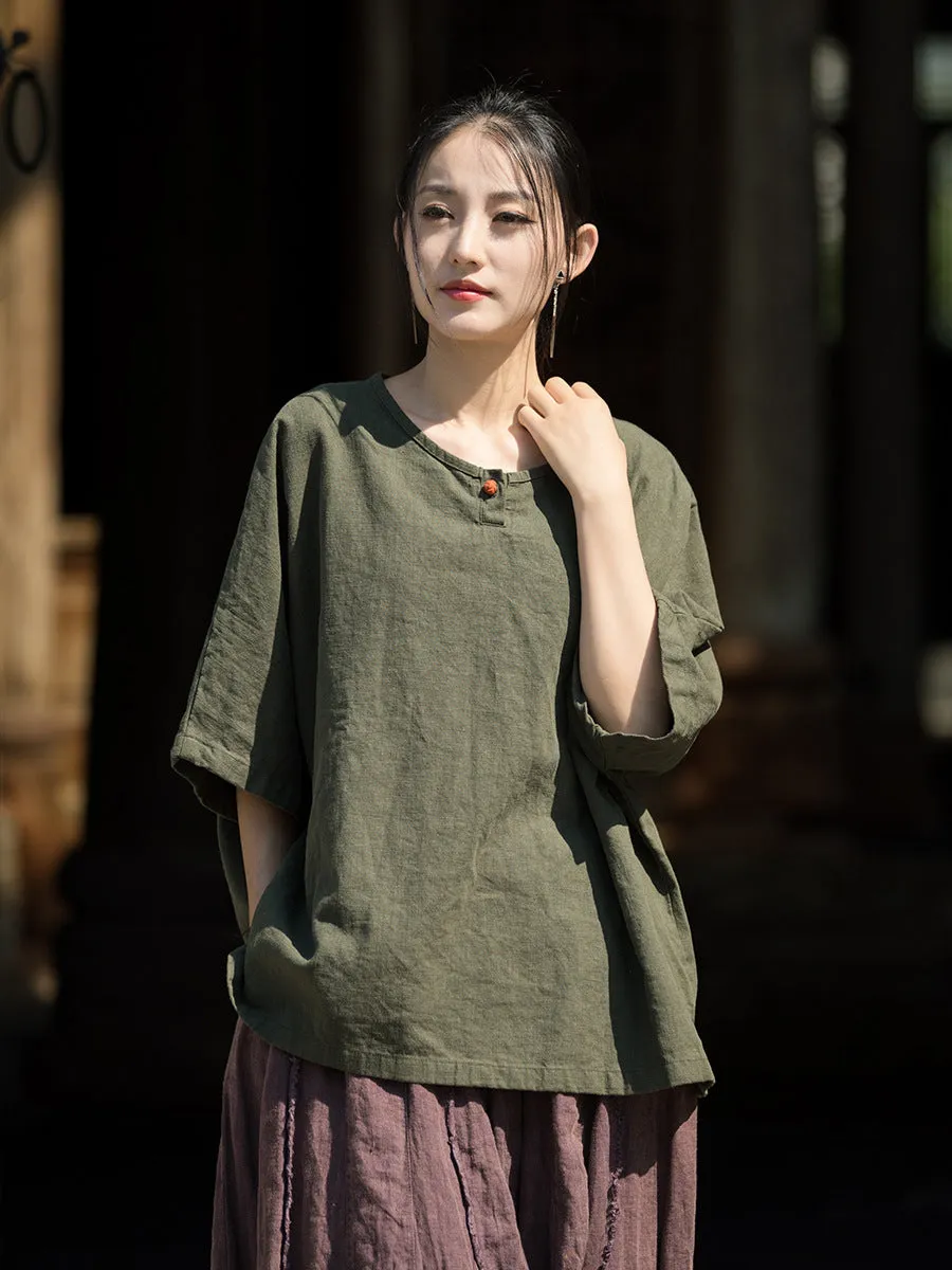 Women Summer Vintage O-Neck Solid Cotton Ramie Shirt