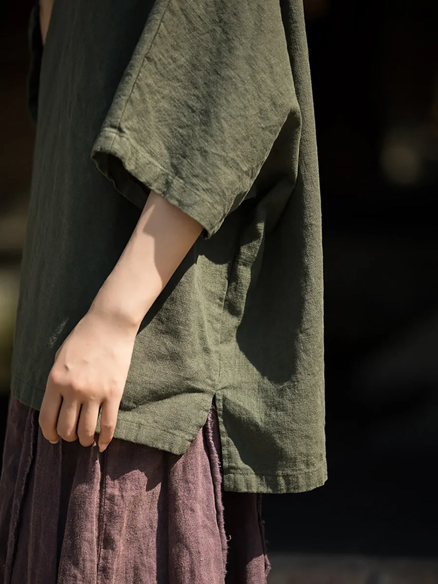 Women Summer Vintage O-Neck Solid Cotton Ramie Shirt
