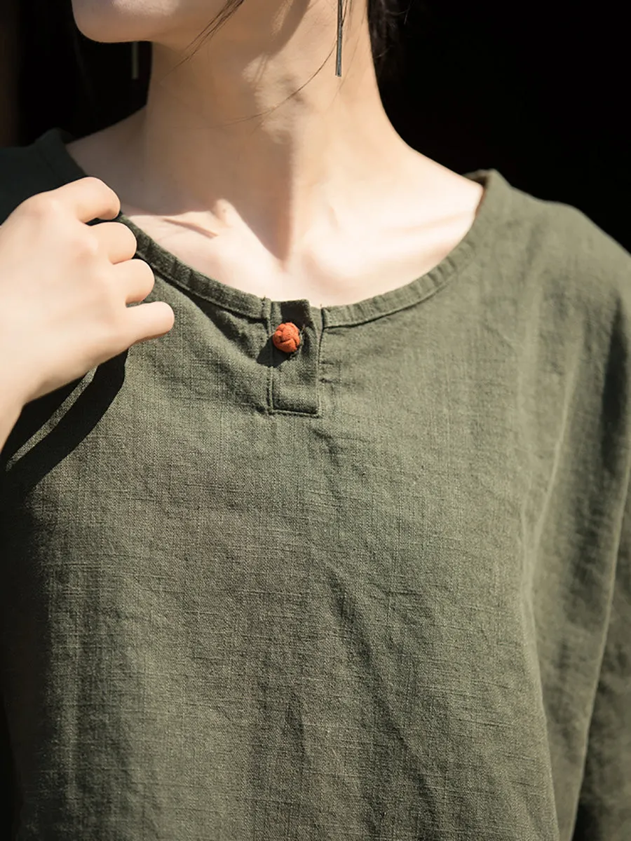 Women Summer Vintage O-Neck Solid Cotton Ramie Shirt