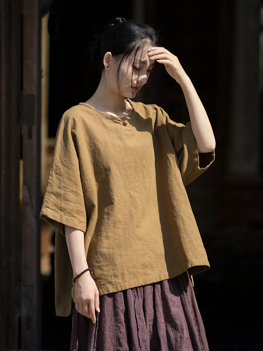 Women Summer Vintage O-Neck Solid Cotton Ramie Shirt