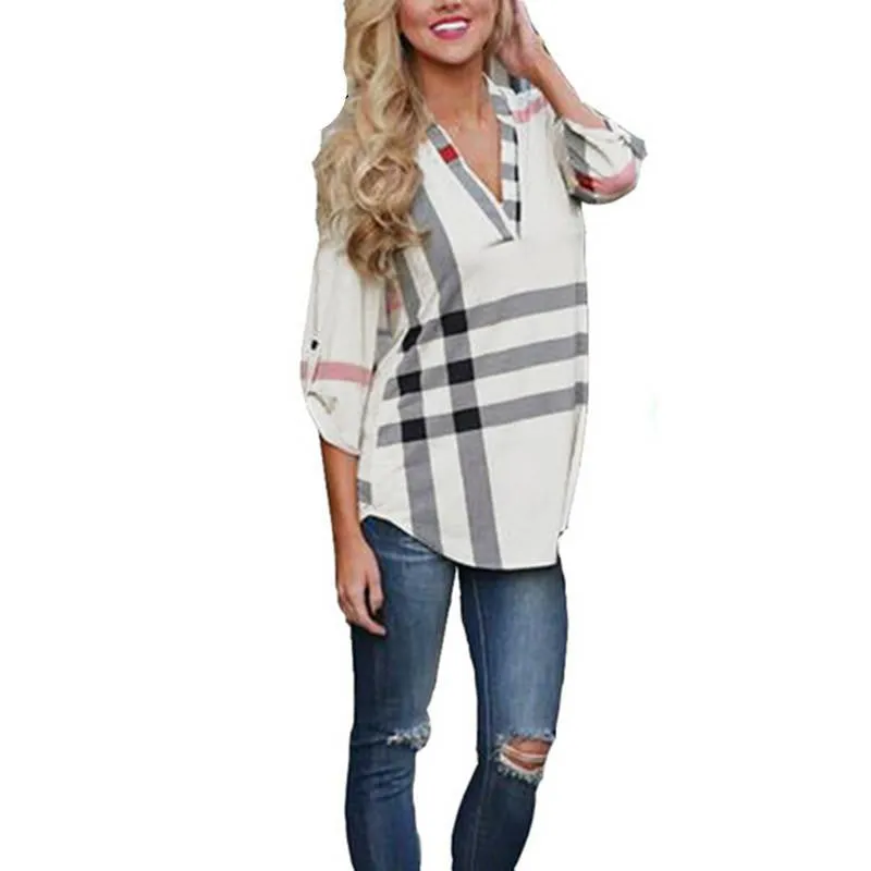 Women White Blouse Shirt V-neck Three Quarter Sleeve Casual Plaid Shirt