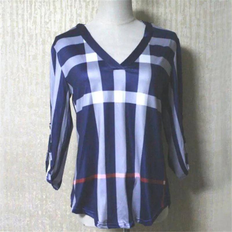 Women White Blouse Shirt V-neck Three Quarter Sleeve Casual Plaid Shirt