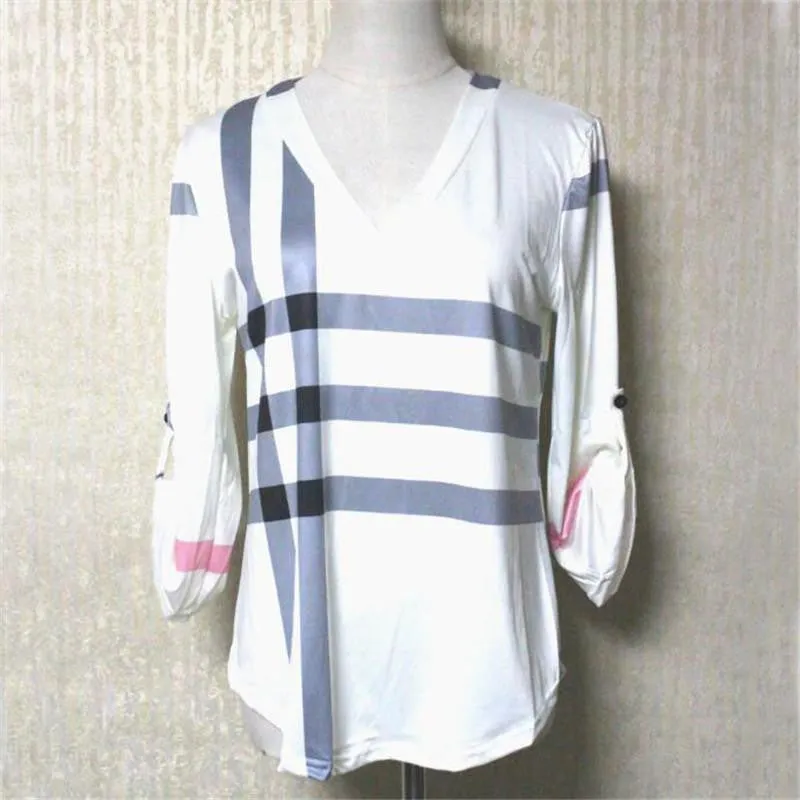 Women White Blouse Shirt V-neck Three Quarter Sleeve Casual Plaid Shirt
