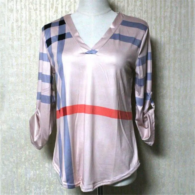 Women White Blouse Shirt V-neck Three Quarter Sleeve Casual Plaid Shirt