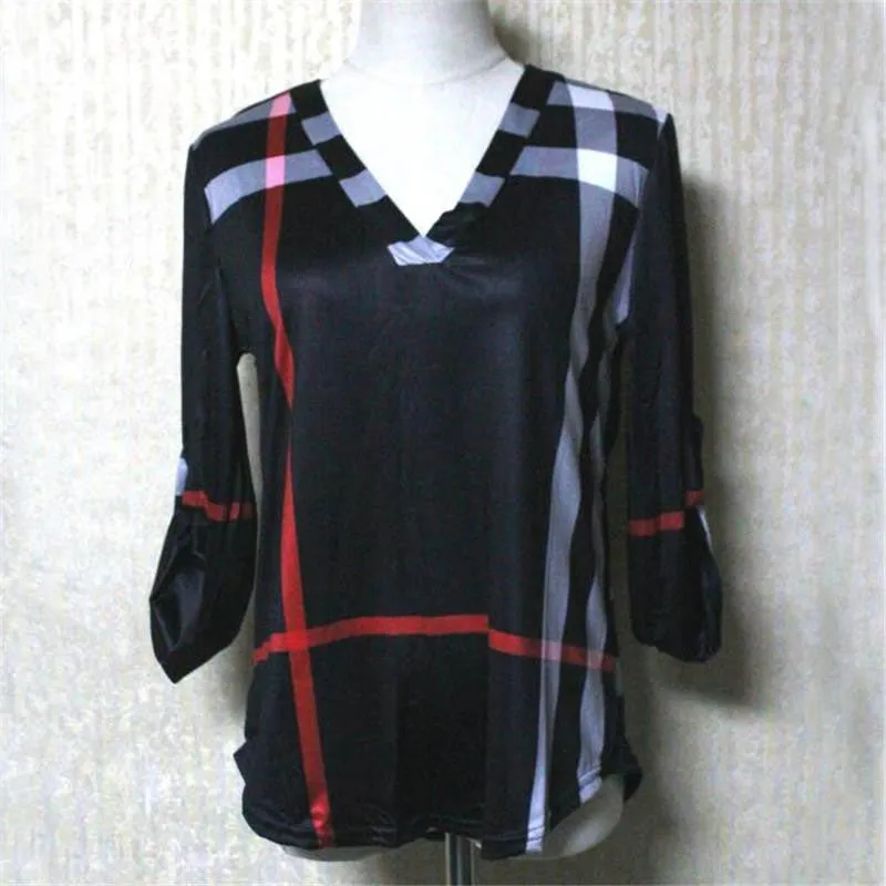 Women White Blouse Shirt V-neck Three Quarter Sleeve Casual Plaid Shirt