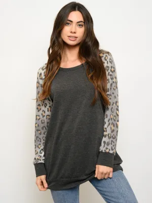 WOMEN'S ANIMAL PRINT LONG SLEEVE SOLID TOP