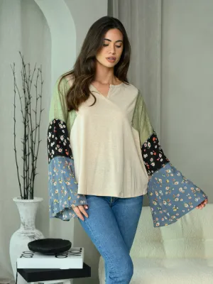WOMEN'S LONG BELL PRINT SLEEVE V-NECK TOP