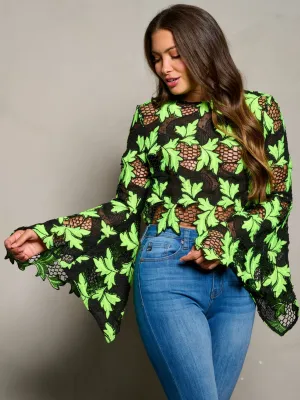 WOMEN'S LONG BELL SLEEVE CROCHET COLORBLOCK TOP