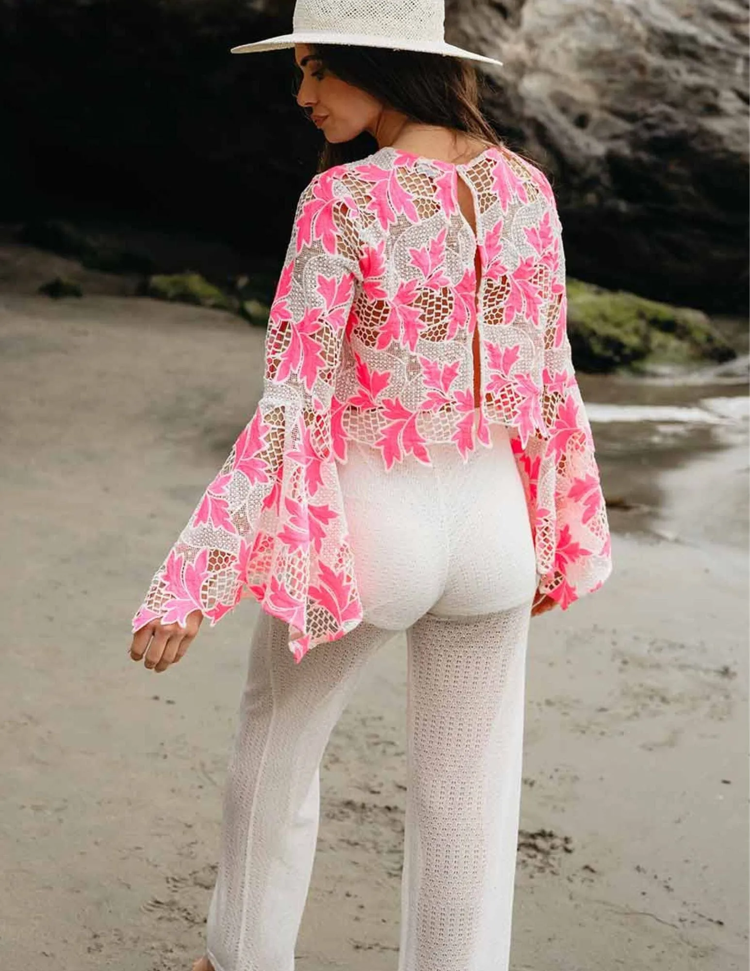 WOMEN'S LONG BELL SLEEVE CROCHET COLORBLOCK TOP