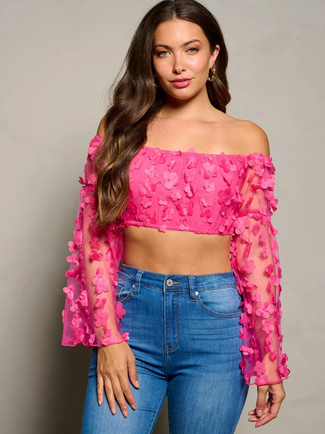 WOMEN'S LONG BELL SLEEVE OFF SHOULDER FLOWERS DETAILED CROP TOP