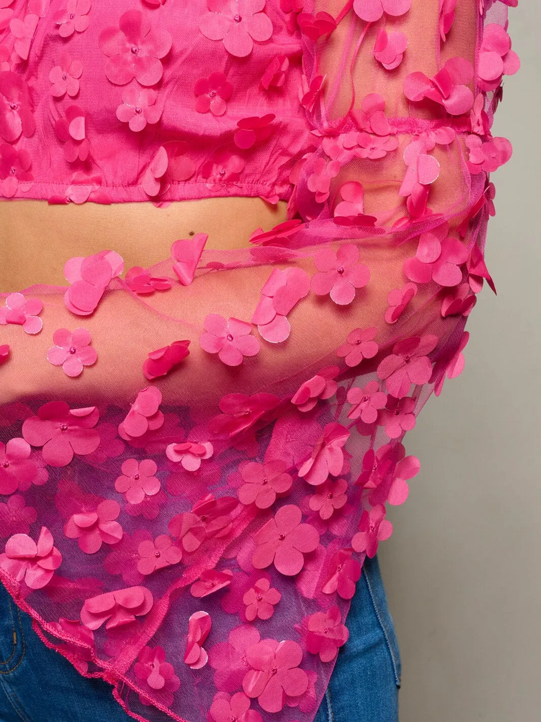 WOMEN'S LONG BELL SLEEVE OFF SHOULDER FLOWERS DETAILED CROP TOP