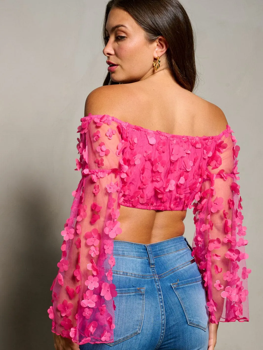 WOMEN'S LONG BELL SLEEVE OFF SHOULDER FLOWERS DETAILED CROP TOP