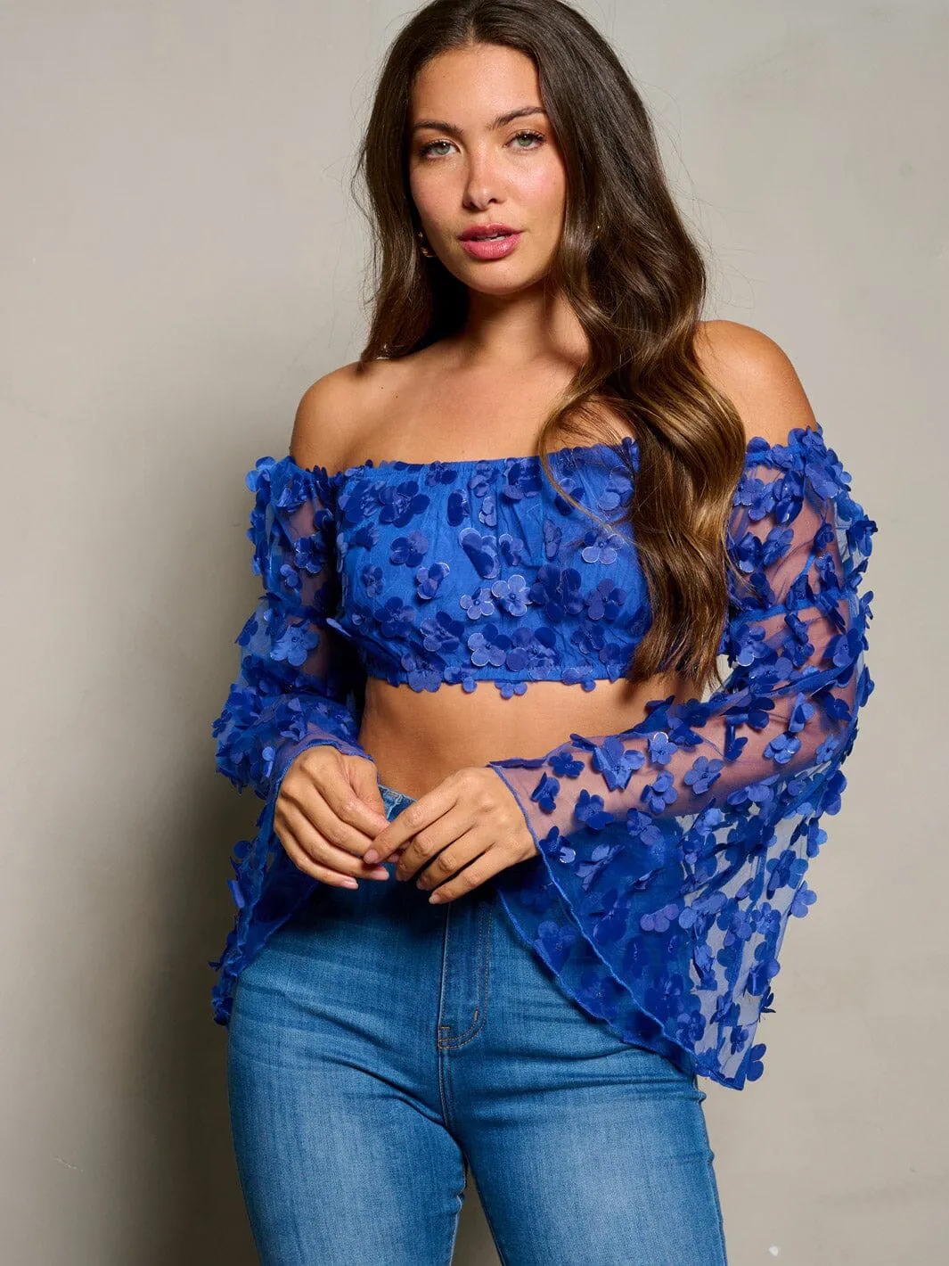 WOMEN'S LONG BELL SLEEVE OFF SHOULDER FLOWERS DETAILED CROP TOP