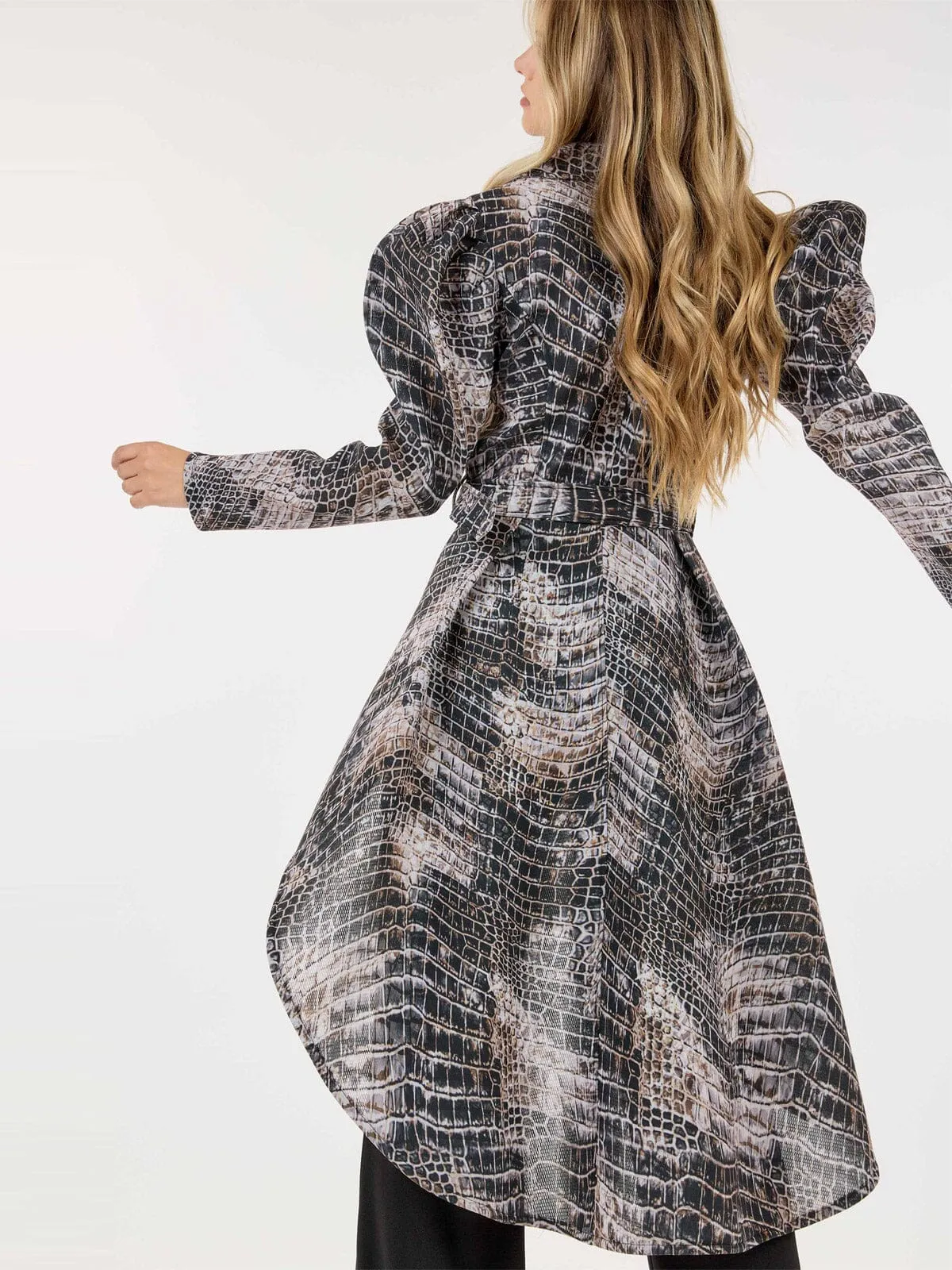 WOMEN'S LONG PUFF SLEEVE BUTTON CLOSURE BELTED HIGH-LOW COAT