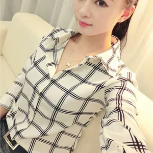 Women's Long Sleeve White Shirts Plaids Pattern Lapel Casual Blouse Tops Plus Size