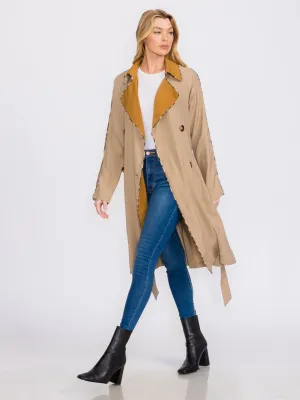 WOMEN'S LONG SLEEVES BUTTON CLOSURE FRONT POCKETS ANIMAL PRINT TRIM COAT