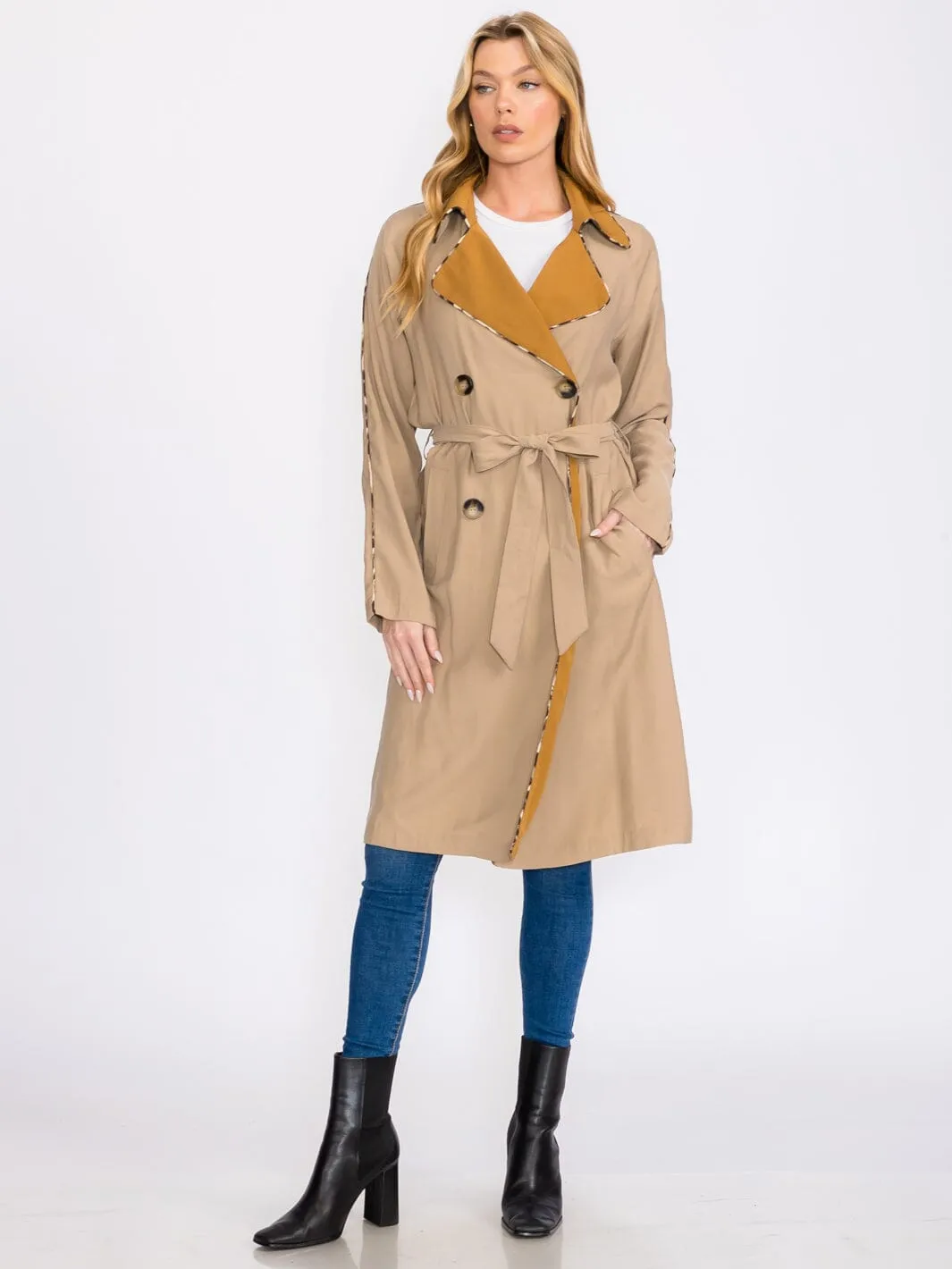 WOMEN'S LONG SLEEVES BUTTON CLOSURE FRONT POCKETS ANIMAL PRINT TRIM COAT