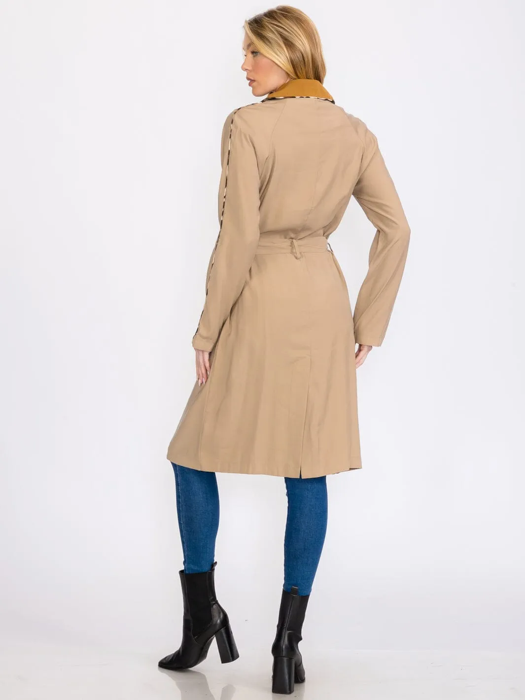 WOMEN'S LONG SLEEVES BUTTON CLOSURE FRONT POCKETS ANIMAL PRINT TRIM COAT