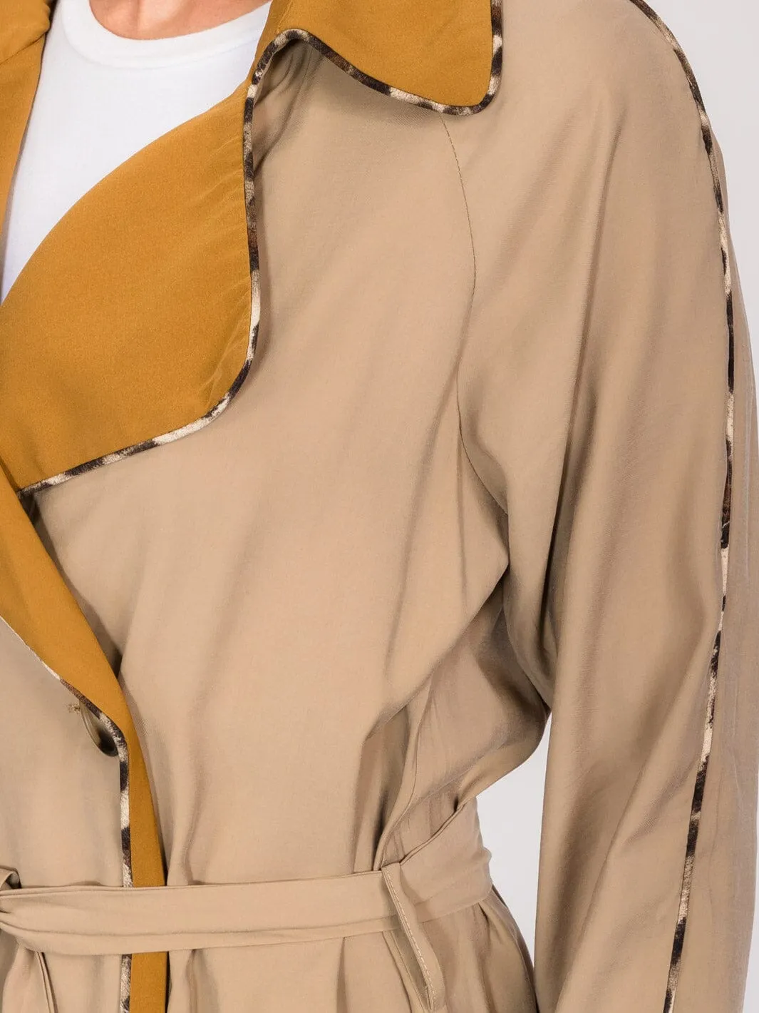 WOMEN'S LONG SLEEVES BUTTON CLOSURE FRONT POCKETS ANIMAL PRINT TRIM COAT