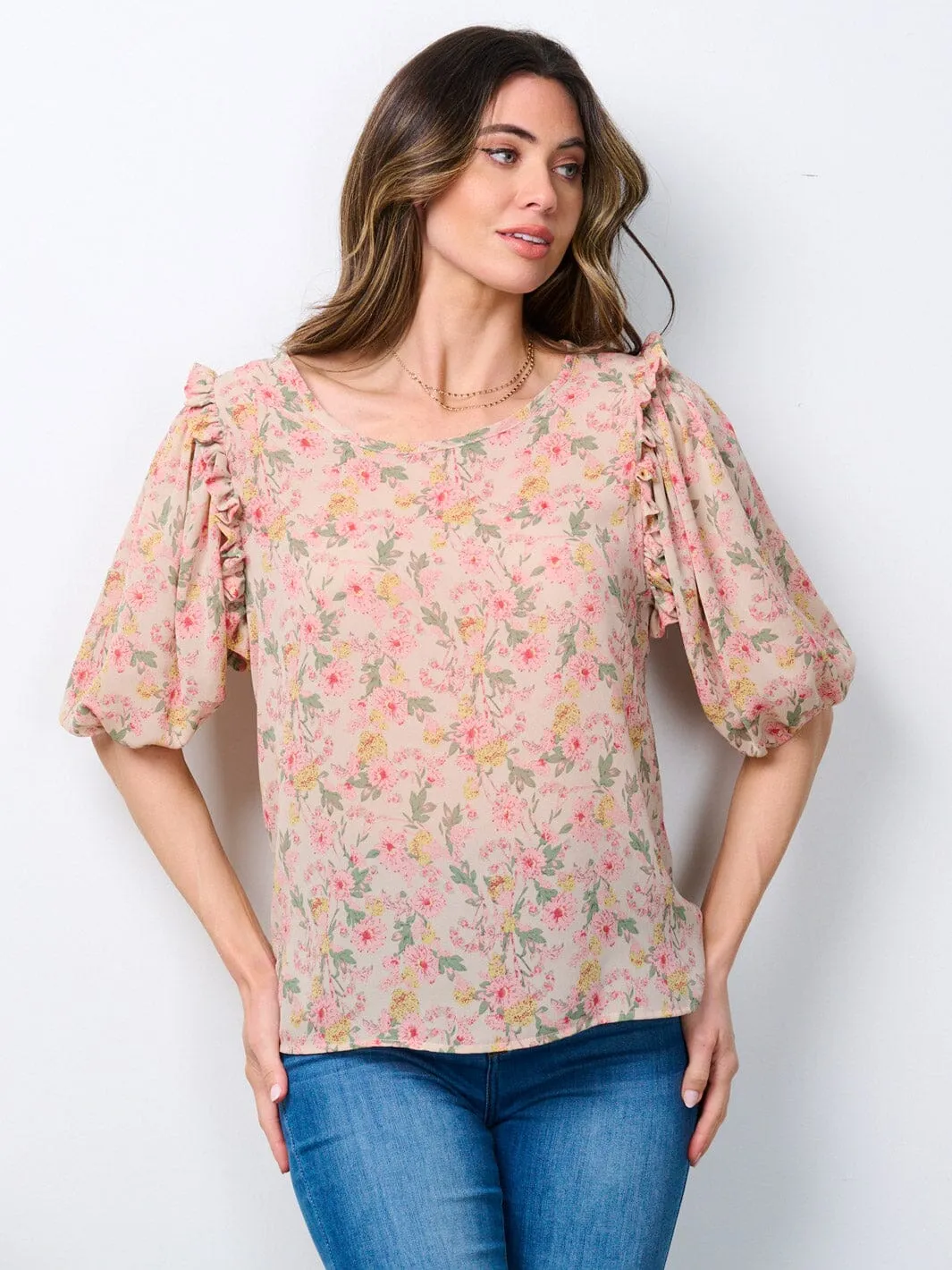 WOMEN'S SHORT PUFF SLEEVE FLORAL BLOUSE TOP