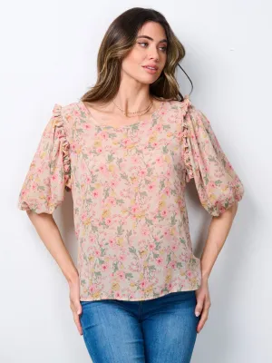 WOMEN'S SHORT PUFF SLEEVE FLORAL BLOUSE TOP