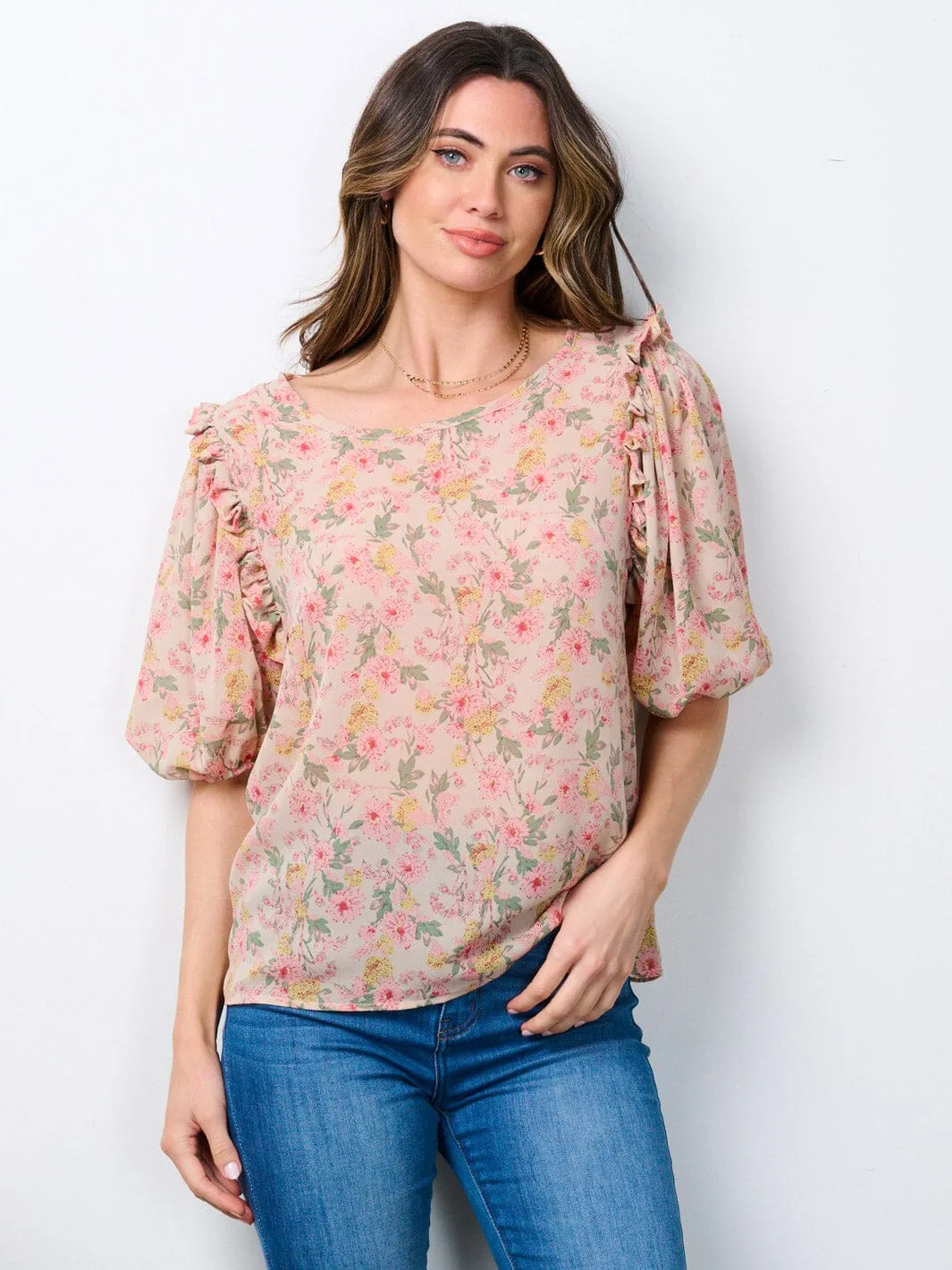 WOMEN'S SHORT PUFF SLEEVE FLORAL BLOUSE TOP