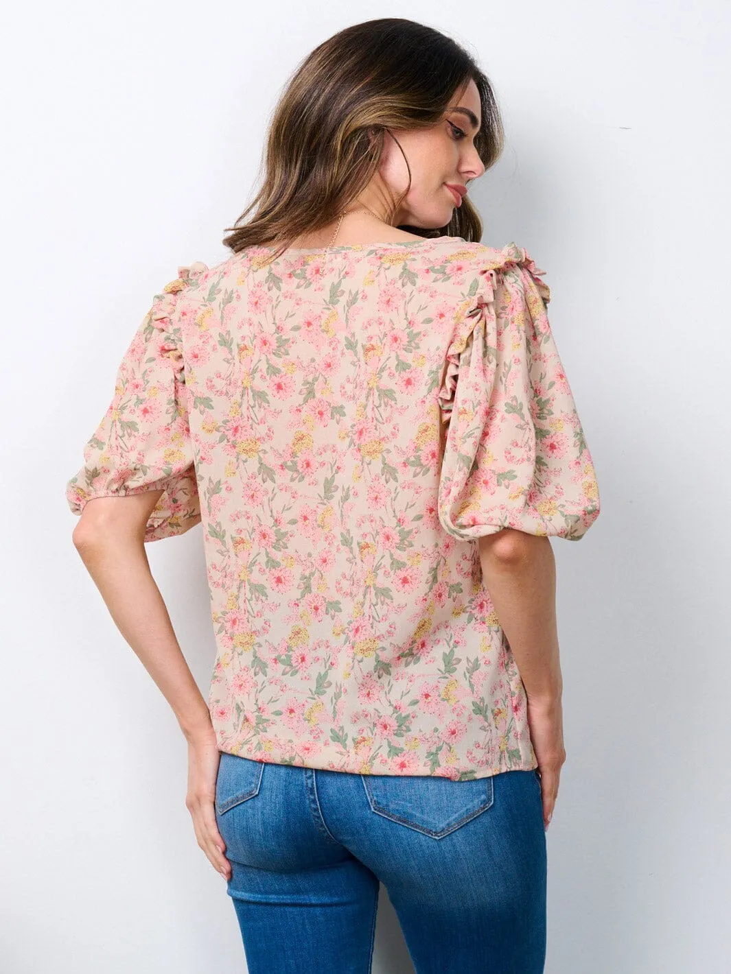 WOMEN'S SHORT PUFF SLEEVE FLORAL BLOUSE TOP
