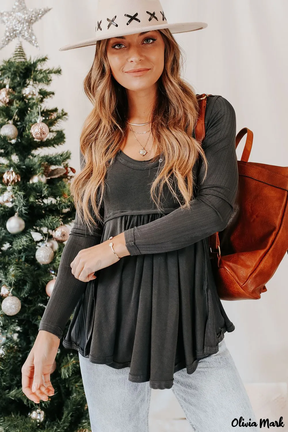 Xieyinshe - Black Babydoll Blouse with Long Sleeves and Solid Color Buttons