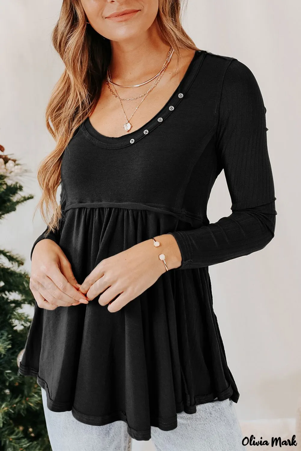 Xieyinshe - Black Babydoll Blouse with Long Sleeves and Solid Color Buttons