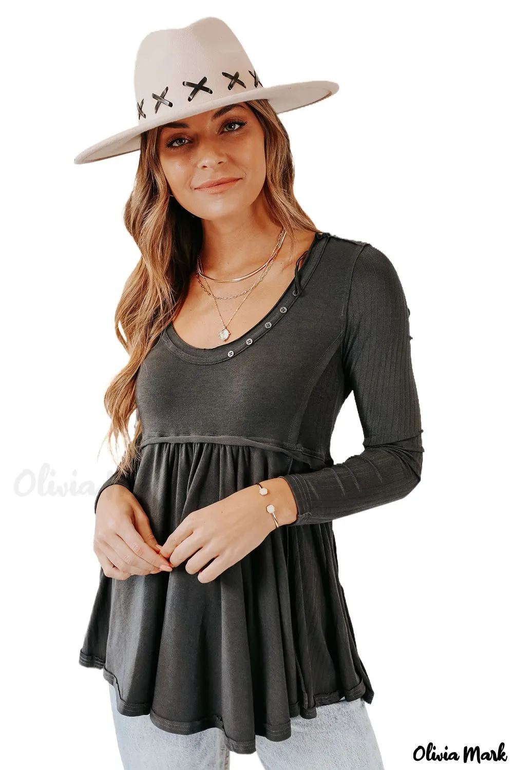 Xieyinshe - Black Babydoll Blouse with Long Sleeves and Solid Color Buttons