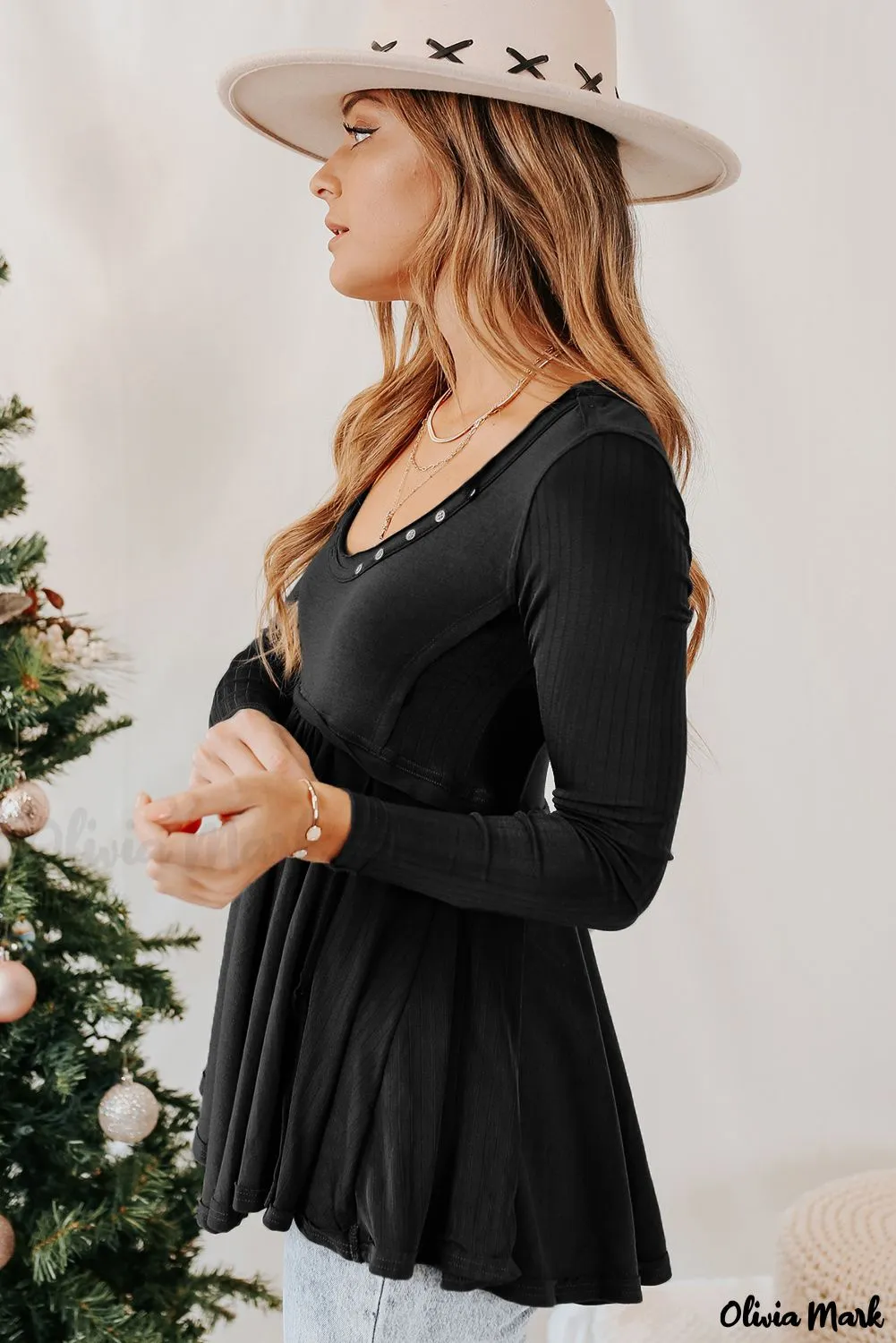 Xieyinshe - Black Babydoll Blouse with Long Sleeves and Solid Color Buttons