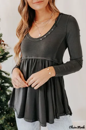 Xieyinshe - Black Babydoll Blouse with Long Sleeves and Solid Color Buttons