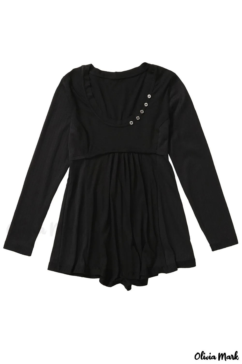 Xieyinshe - Black Babydoll Blouse with Long Sleeves and Solid Color Buttons
