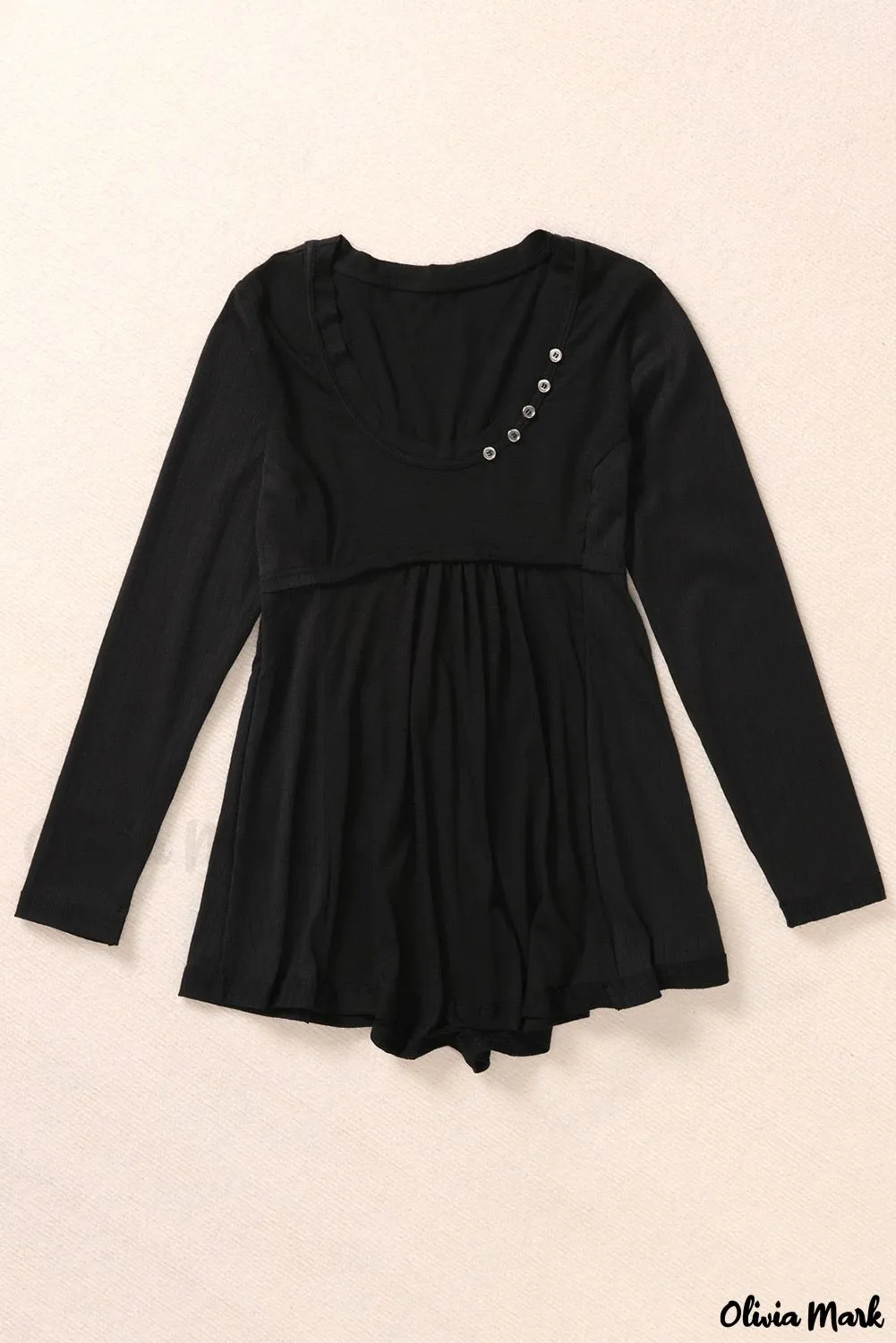 Xieyinshe - Black Babydoll Blouse with Long Sleeves and Solid Color Buttons