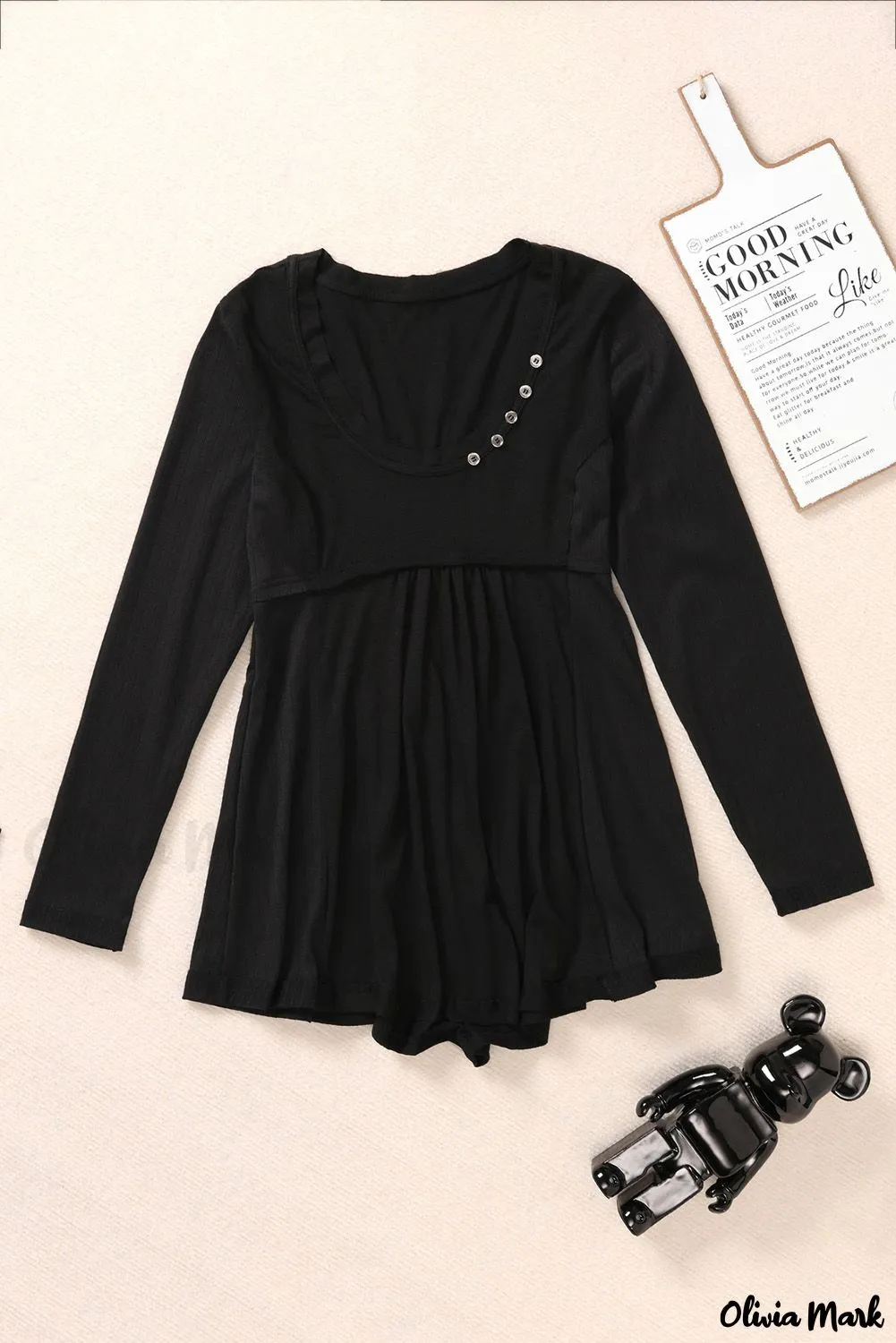 Xieyinshe - Black Babydoll Blouse with Long Sleeves and Solid Color Buttons