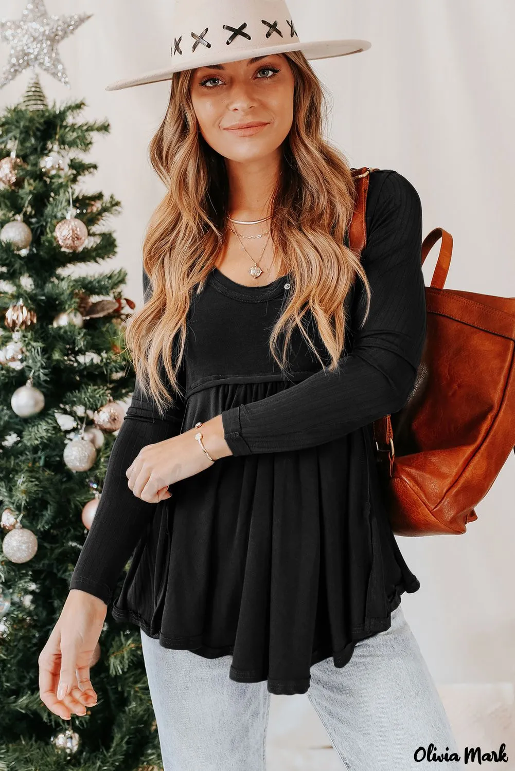 Xieyinshe - Black Babydoll Blouse with Long Sleeves and Solid Color Buttons