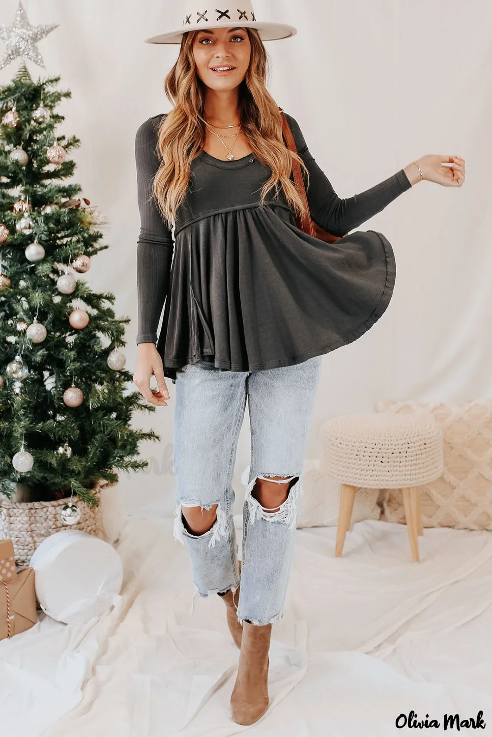 Xieyinshe - Black Babydoll Blouse with Long Sleeves and Solid Color Buttons