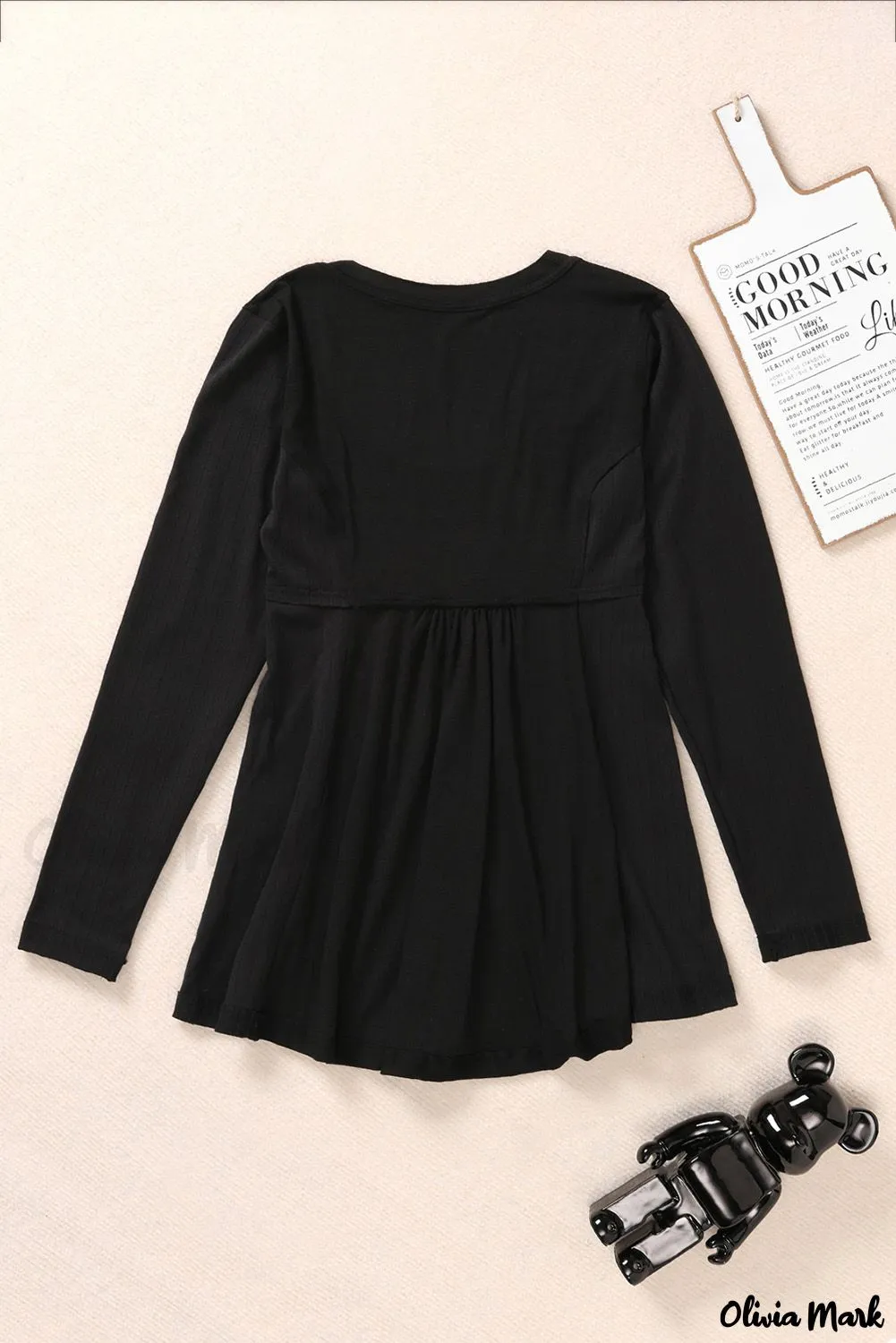 Xieyinshe - Black Babydoll Blouse with Long Sleeves and Solid Color Buttons