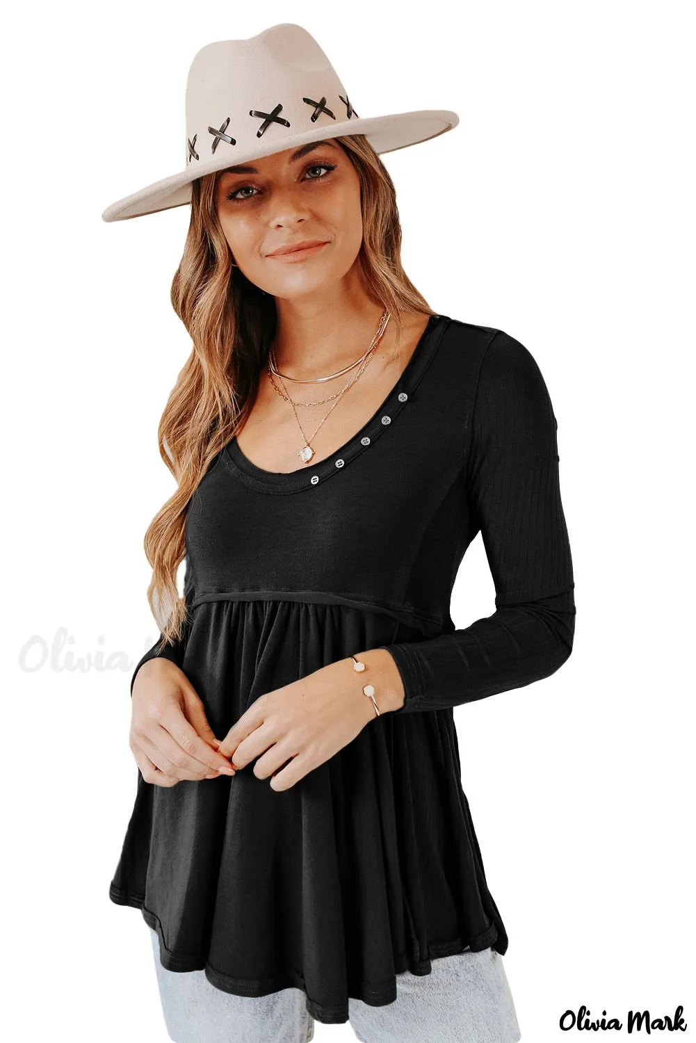 Xieyinshe - Black Babydoll Blouse with Long Sleeves and Solid Color Buttons
