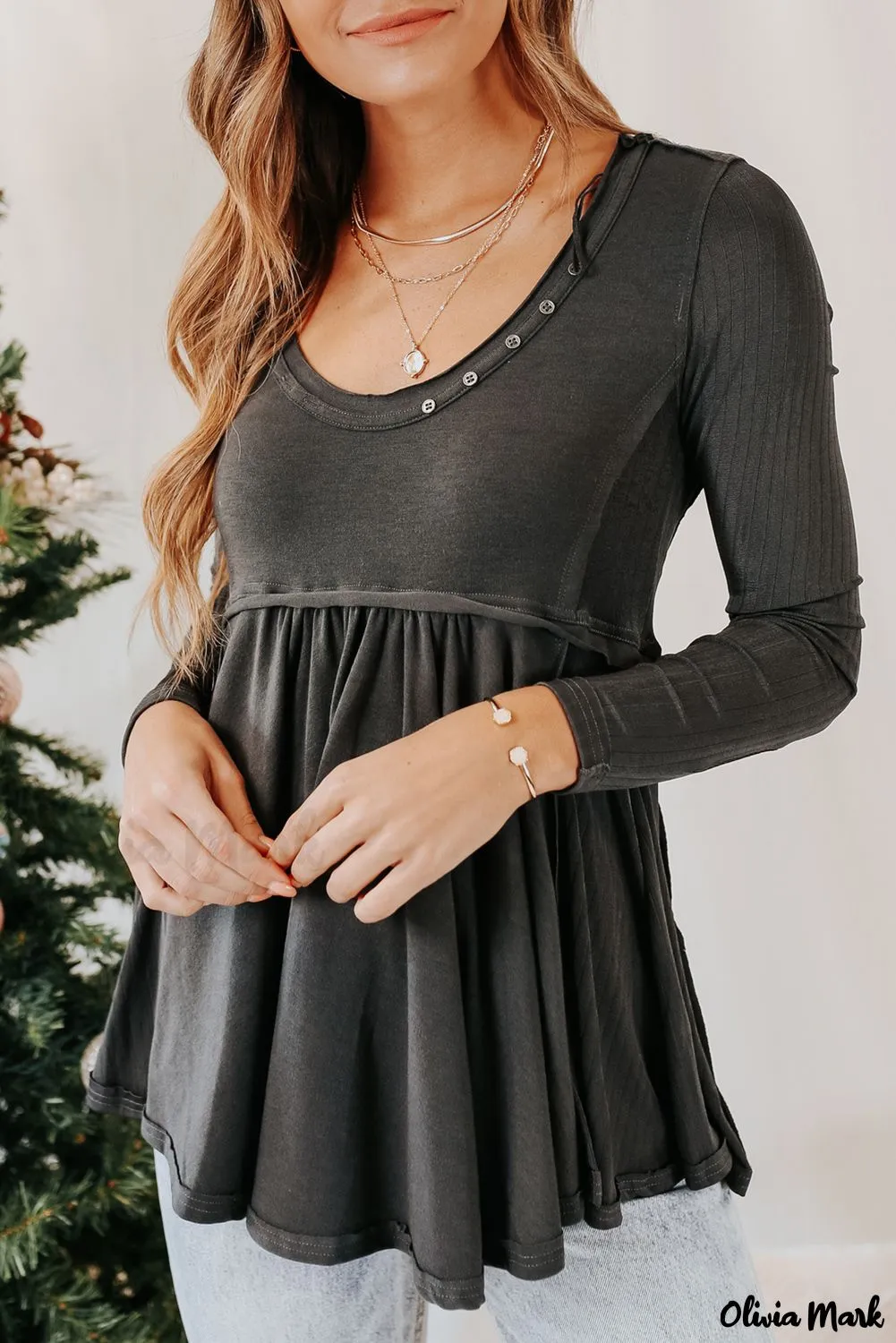 Xieyinshe - Black Babydoll Blouse with Long Sleeves and Solid Color Buttons