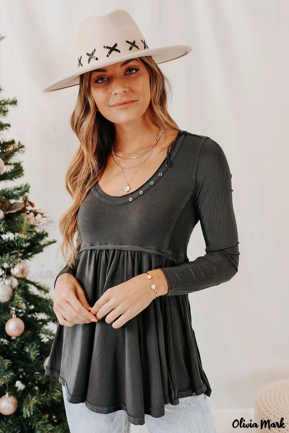 Xieyinshe - Black Babydoll Blouse with Long Sleeves and Solid Color Buttons