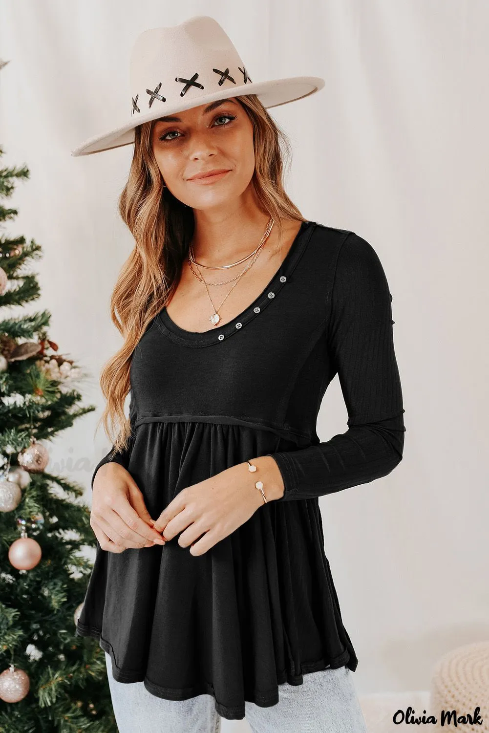Xieyinshe - Black Babydoll Blouse with Long Sleeves and Solid Color Buttons