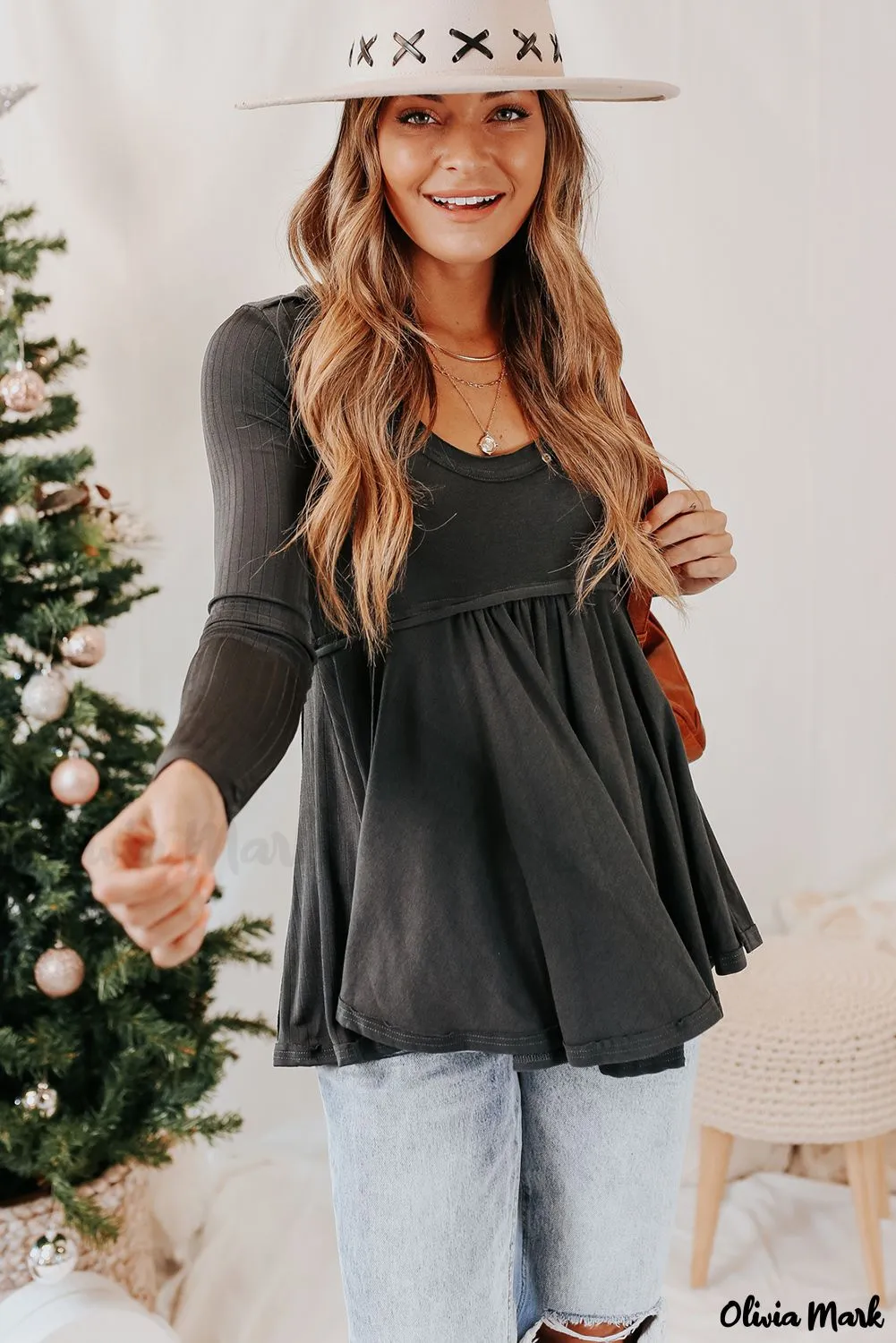 Xieyinshe - Black Babydoll Blouse with Long Sleeves and Solid Color Buttons