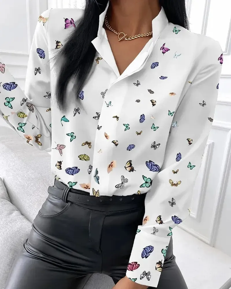 Xieyinshe - Casual Long Sleeve Butterfly Print Shirt