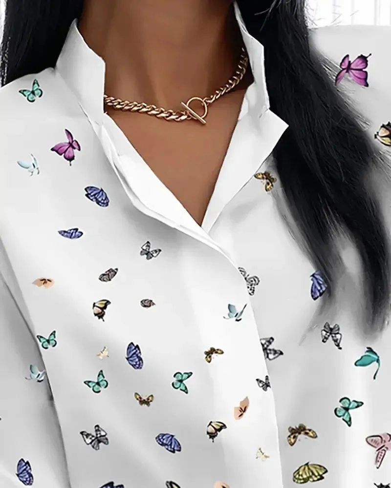 Xieyinshe - Casual Long Sleeve Butterfly Print Shirt