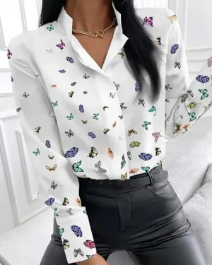 Xieyinshe - Casual Long Sleeve Butterfly Print Shirt